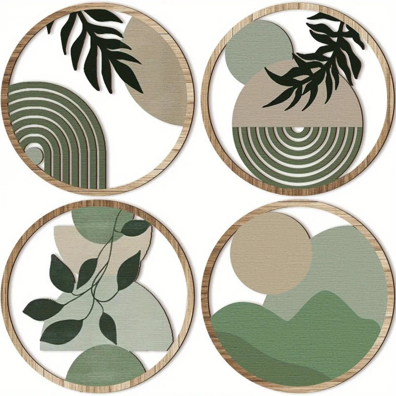 Set 4 Piese Decorative Perete Boho — Artă Geometrică din Lemn pentru Dormitor & Living