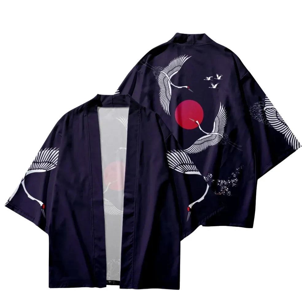 Kimono Haori Unisex — Imprimeu Cocor & Caractere Chineze, Cardigan Yukata, Vară
