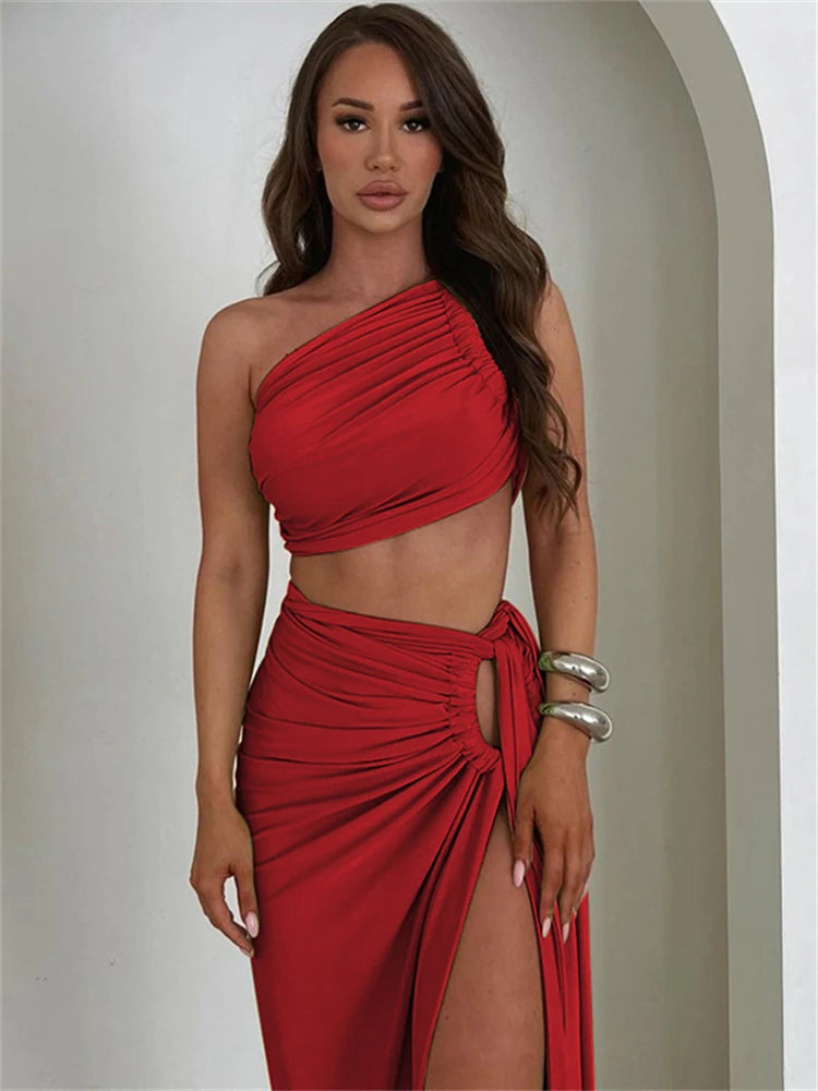 Set 2 Piese Elegant - Top Crop Spate Gol și Fustă Lungă cu Fantă