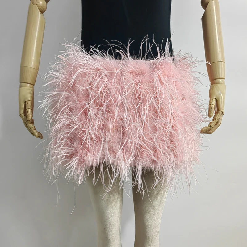 Fustă Mini cu Pene de Struț Adevărate — Multicolor, Talie Elastică