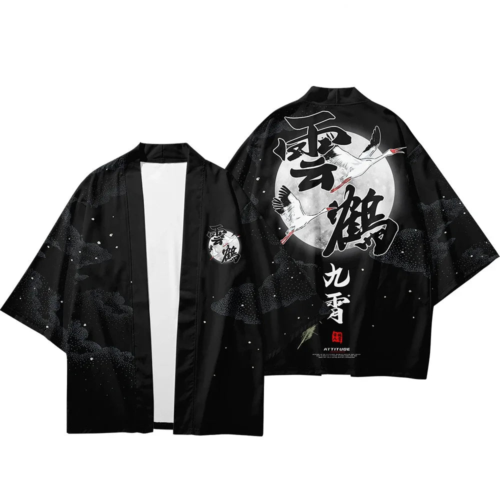 Kimono Haori Unisex — Imprimeu Cocor & Caractere Chineze, Cardigan Yukata, Vară