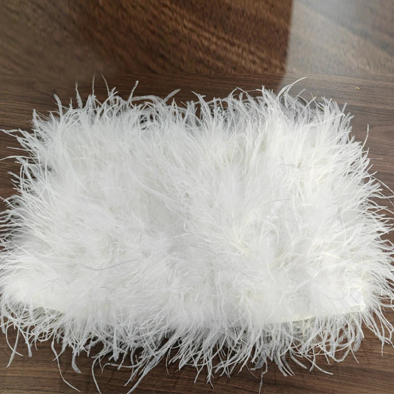 Fustă Mini cu Pene de Struț Adevărate — Multicolor, Talie Elastică