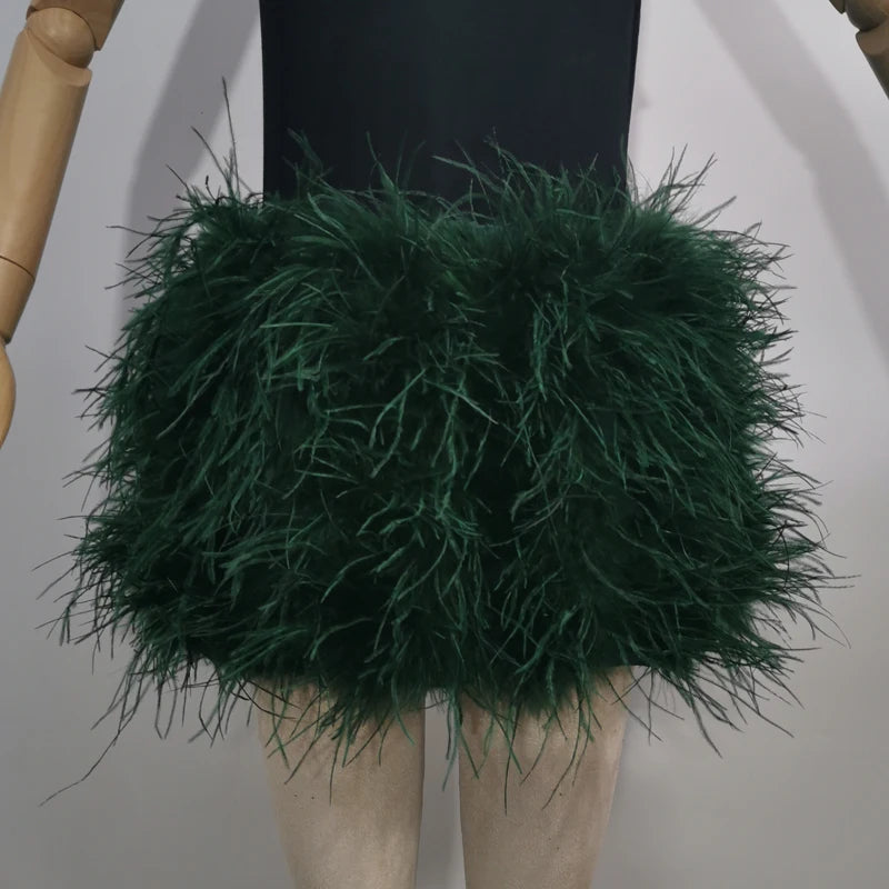 Fustă Mini cu Pene de Struț Adevărate — Multicolor, Talie Elastică