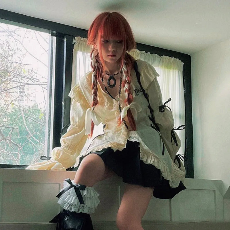 Cămașă Dantelă Y2K Stil Lolita Harajuku — Grunge Gothic, Bandage, Mall Goth