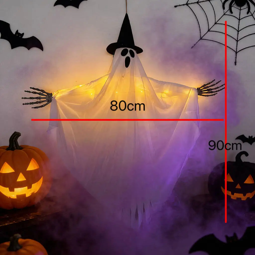 Fantomă Luminoasă cu Pălărie de Vrăjitor — Decorațiune Halloween Suspendată