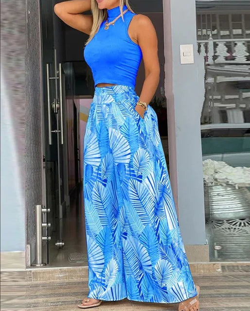 Set 2 Piese Femei — Top Sleeveless & Pantaloni Wide Leg, Imprimeu Vară 2025