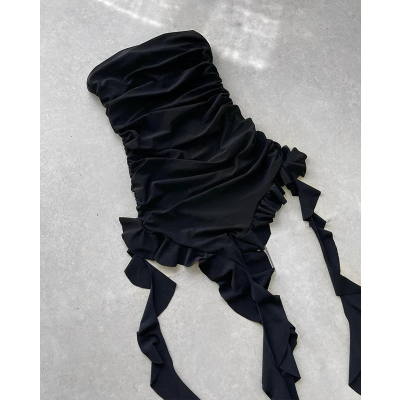 Rochie Mini Strapless cu Fantă — Floral, Spate Gol, Stil Petrecere, Negru & Roz