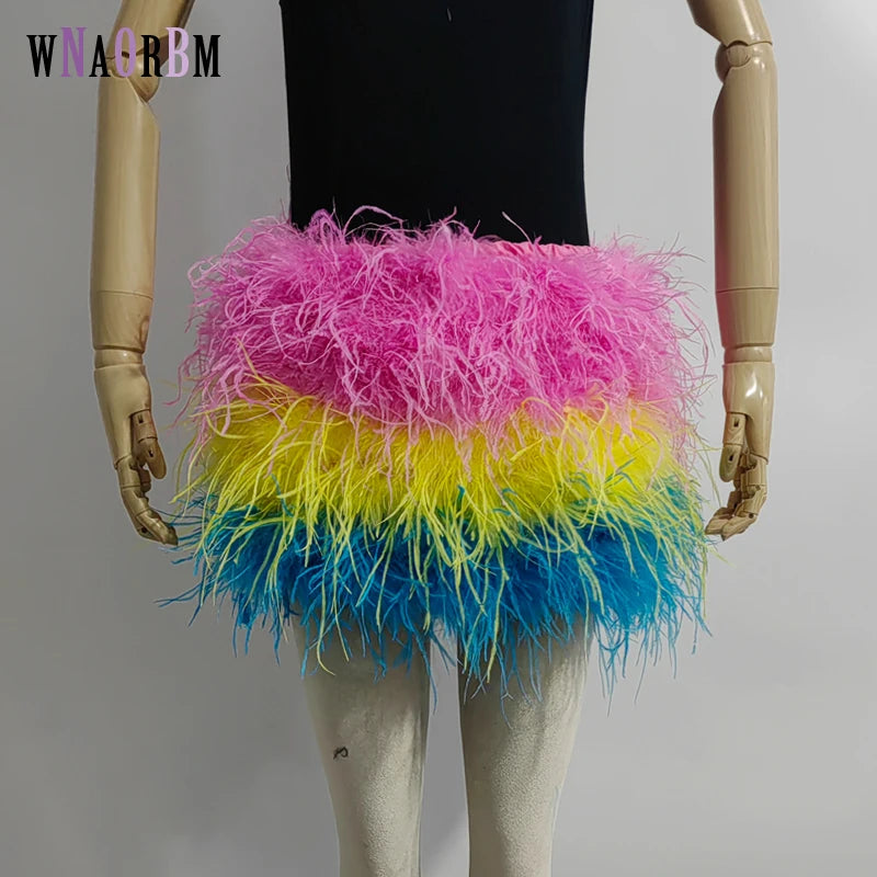Fustă Mini cu Pene de Struț Adevărate — Multicolor, Talie Elastică