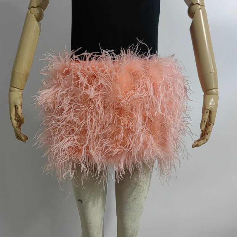 Fustă Mini cu Pene de Struț Adevărate — Multicolor, Talie Elastică