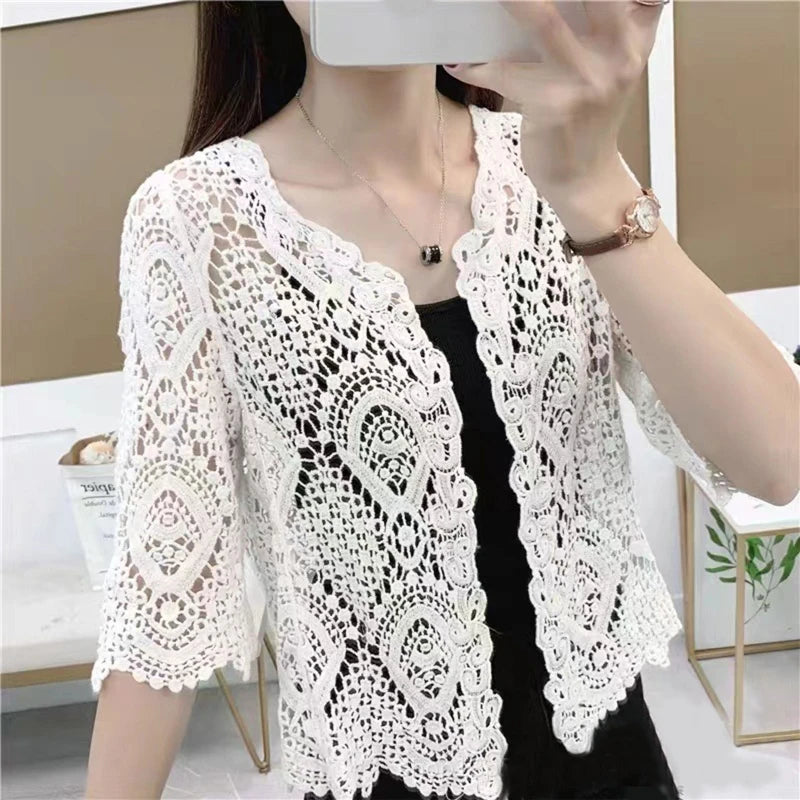 Cardigan Crochet Boho - Shrug Tricotat Dantela Florală