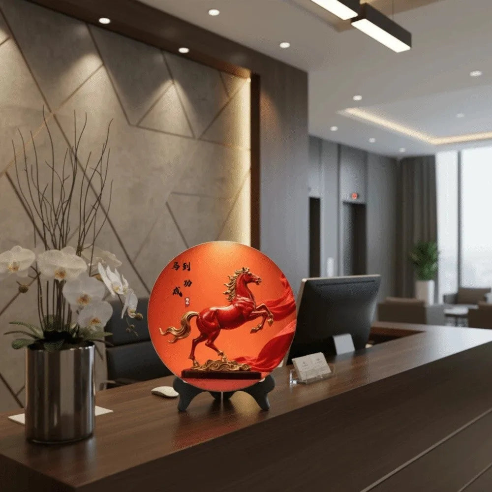Tablou Decorativ Rotund din Lemn — Calul Norocos, Decor Feng Shui pentru Casă și Birou