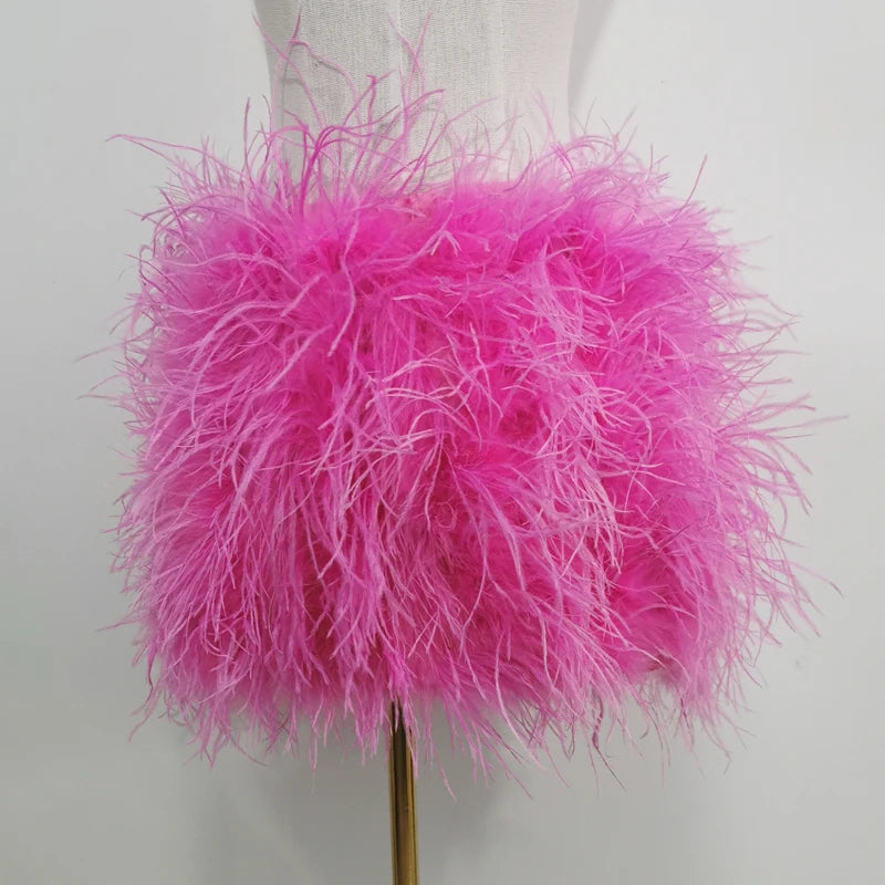 Fustă Mini cu Pene de Struț Adevărate — Multicolor, Talie Elastică