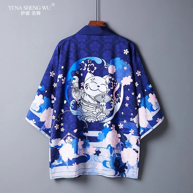 Kimono Haori Bărbați — Imprimeu Pisică, Stil Japonez Samurai, Cosplay, Vară