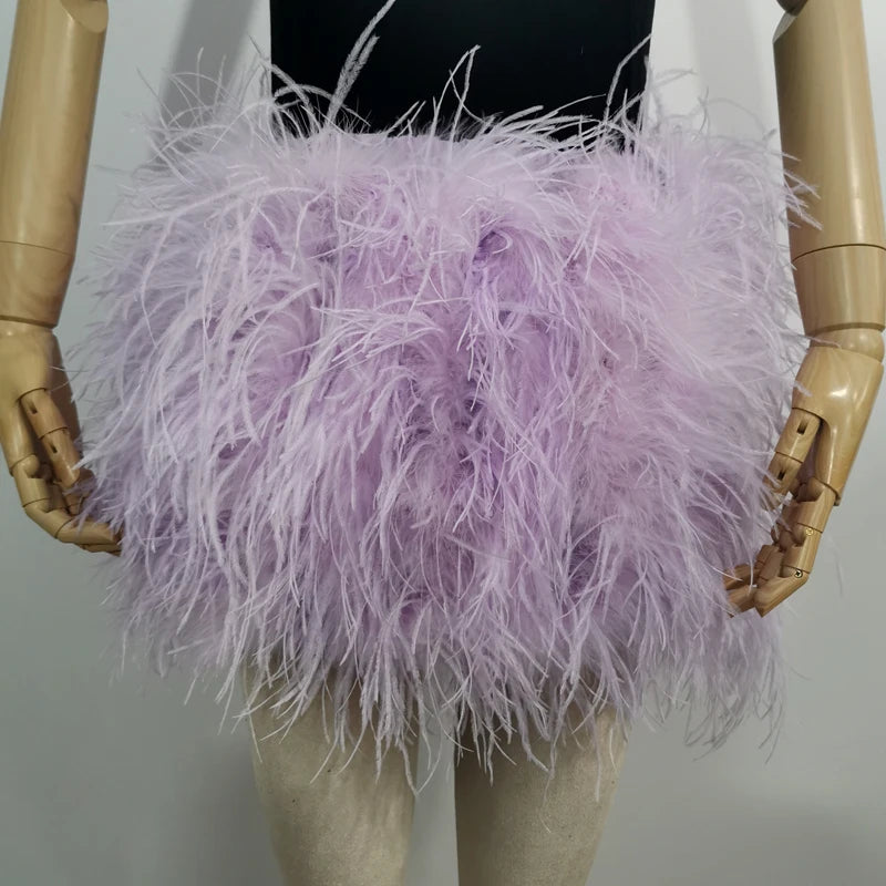 Fustă Mini cu Pene de Struț Adevărate — Multicolor, Talie Elastică