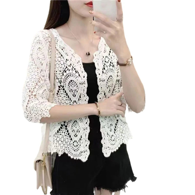 Cardigan Crochet Boho - Shrug Tricotat Dantela Florală