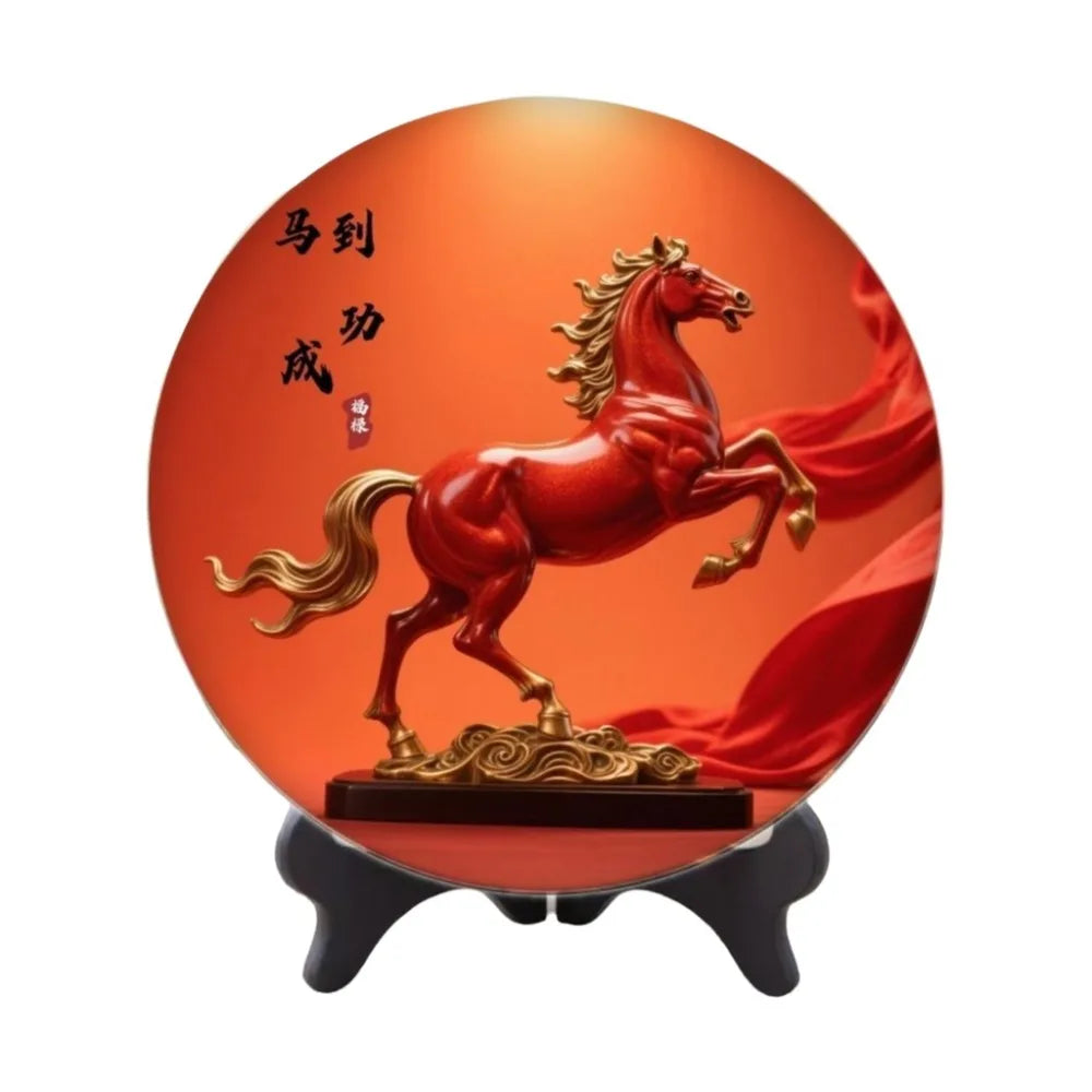 Tablou Decorativ Rotund din Lemn — Calul Norocos, Decor Feng Shui pentru Casă și Birou