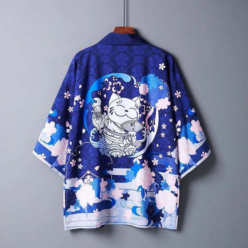 Kimono Haori Bărbați — Imprimeu Pisică, Stil Japonez Samurai, Cosplay, Vară