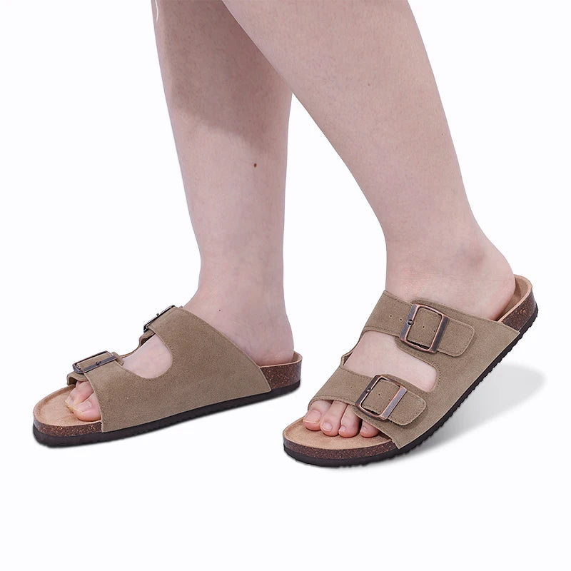 Papuci Damă/Bărbați Comwarm din Piele Întoarsă — Talpă Cork, Suport Arc, Slides Plajă & Casă