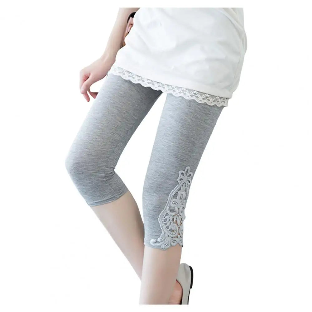 Colanți Cropped Damă cu Dantelă Brodată — Elasticți, Slim Fit, Vară