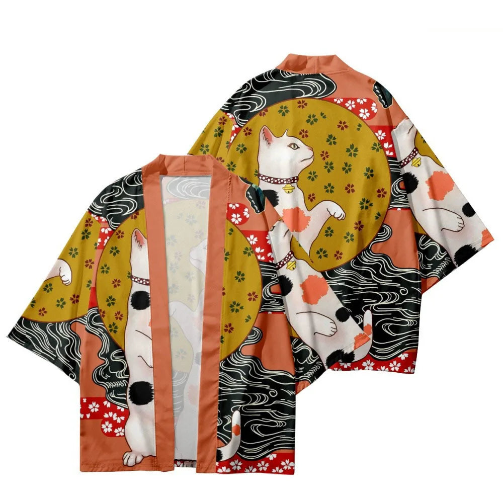 Kimono Haori Bărbați — Imprimeu Pisică, Stil Japonez Samurai, Cosplay, Vară
