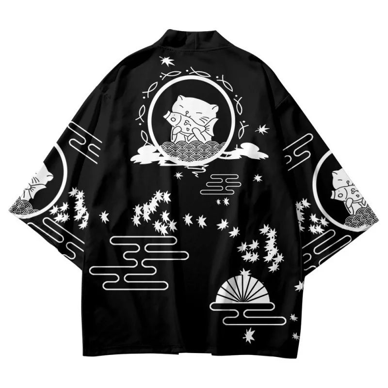 Kimono Haori Bărbați — Imprimeu Pisică, Stil Japonez Samurai, Cosplay, Vară