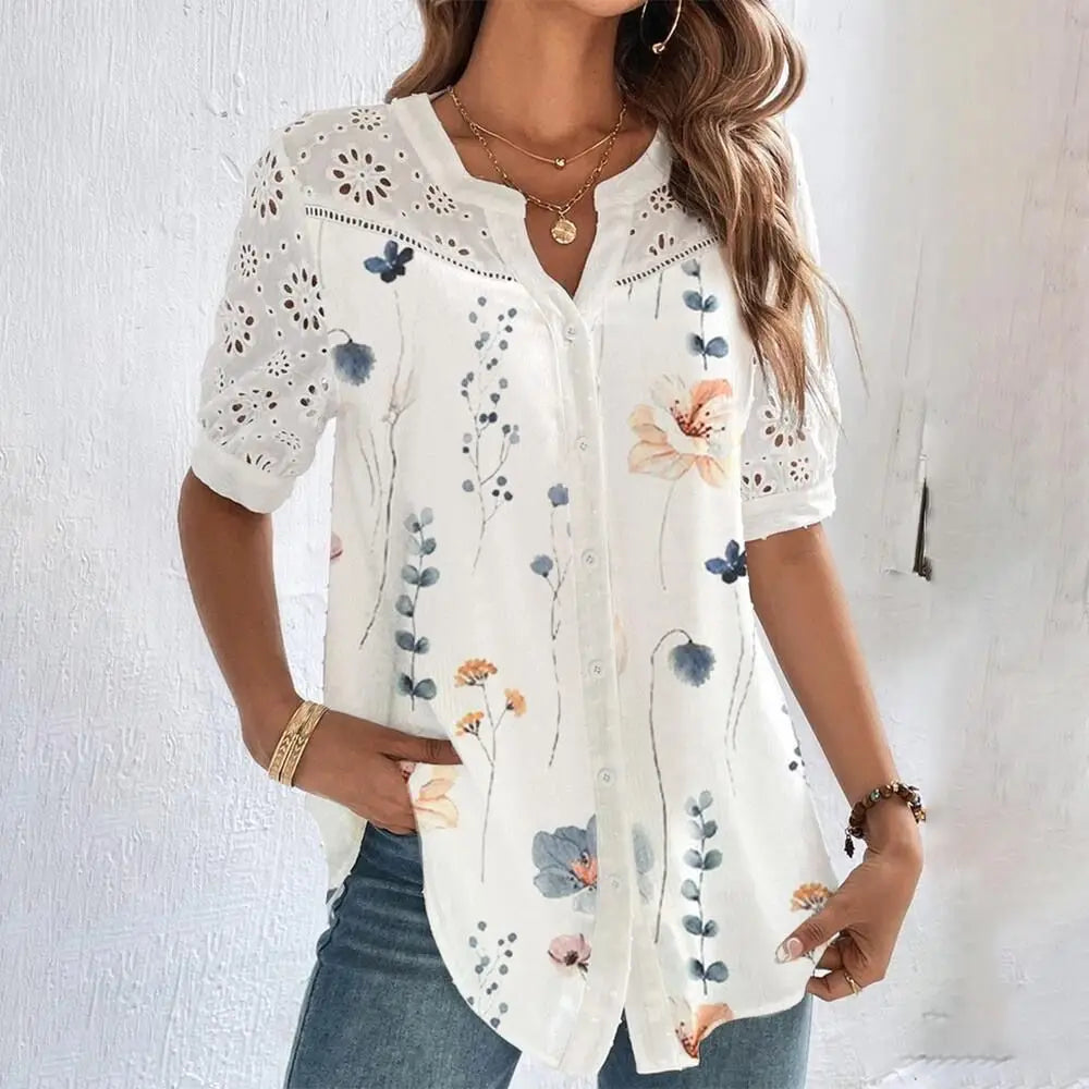 Bluză Elegantă din Dantela - Casual Loose Fit Mânecă Scurtă