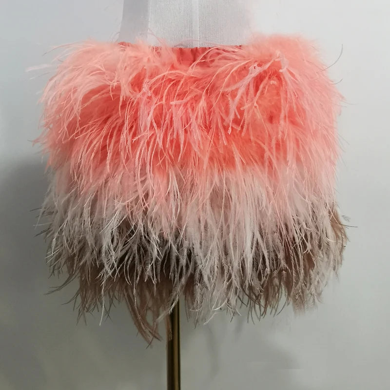 Fustă Mini cu Pene de Struț Adevărate — Multicolor, Talie Elastică
