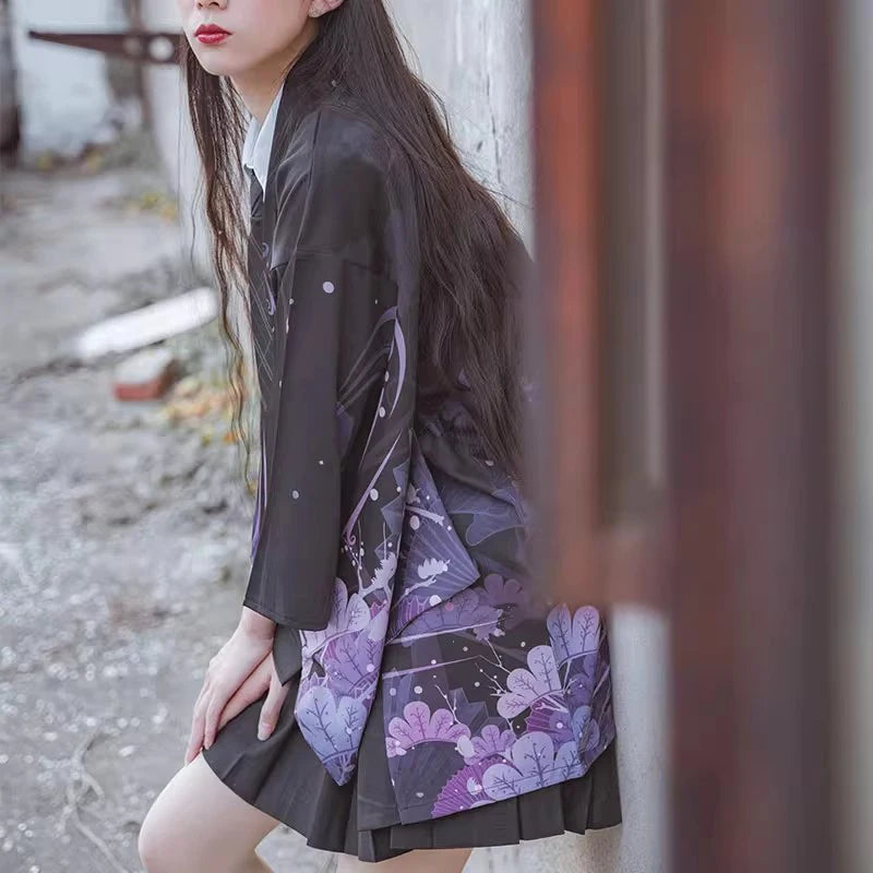 Kimono Yukata Haori Japonez — Cardigan Samurai Anime, Stil Harajuku Streetwear, Negru