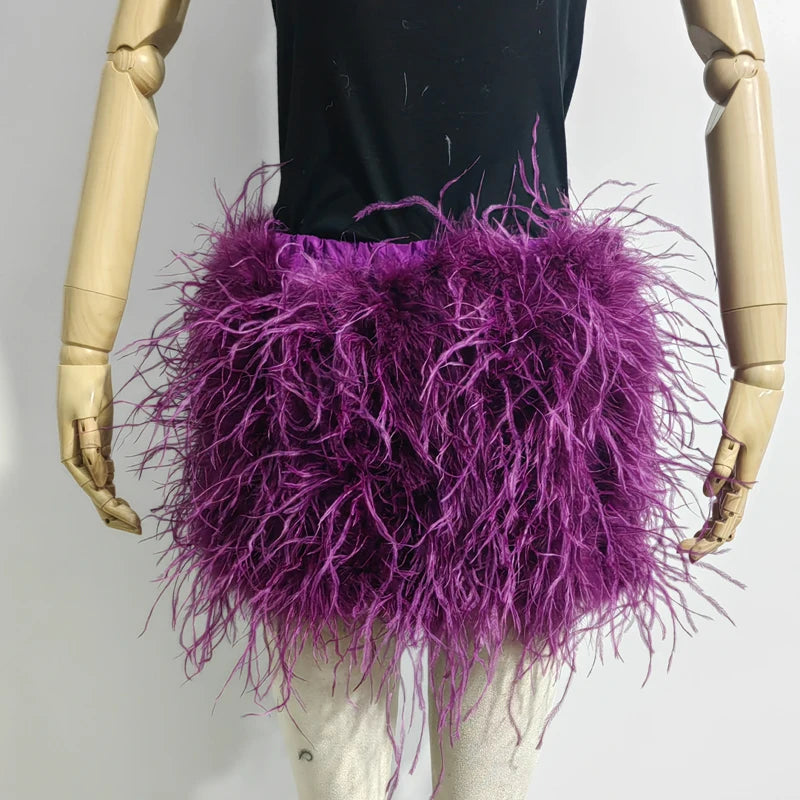 Fustă Mini cu Pene de Struț Adevărate — Multicolor, Talie Elastică