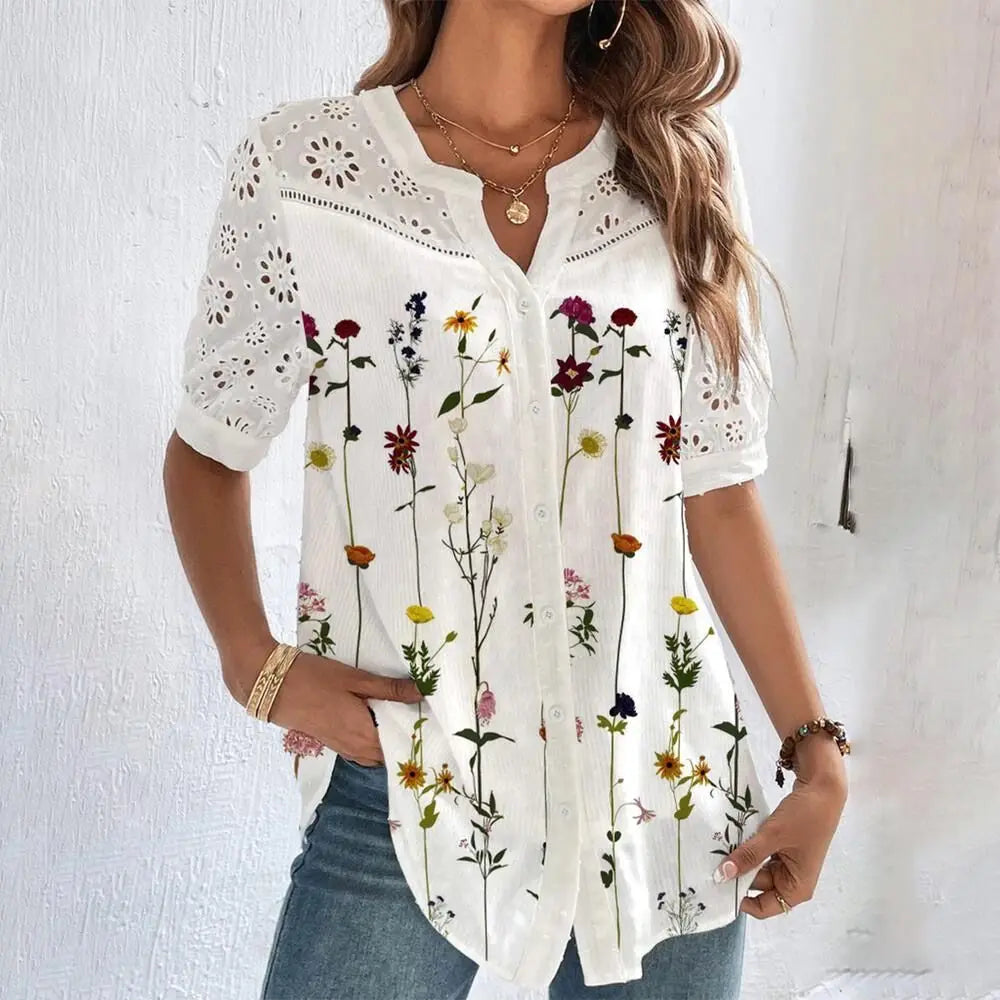 Bluză Elegantă din Dantela - Casual Loose Fit Mânecă Scurtă