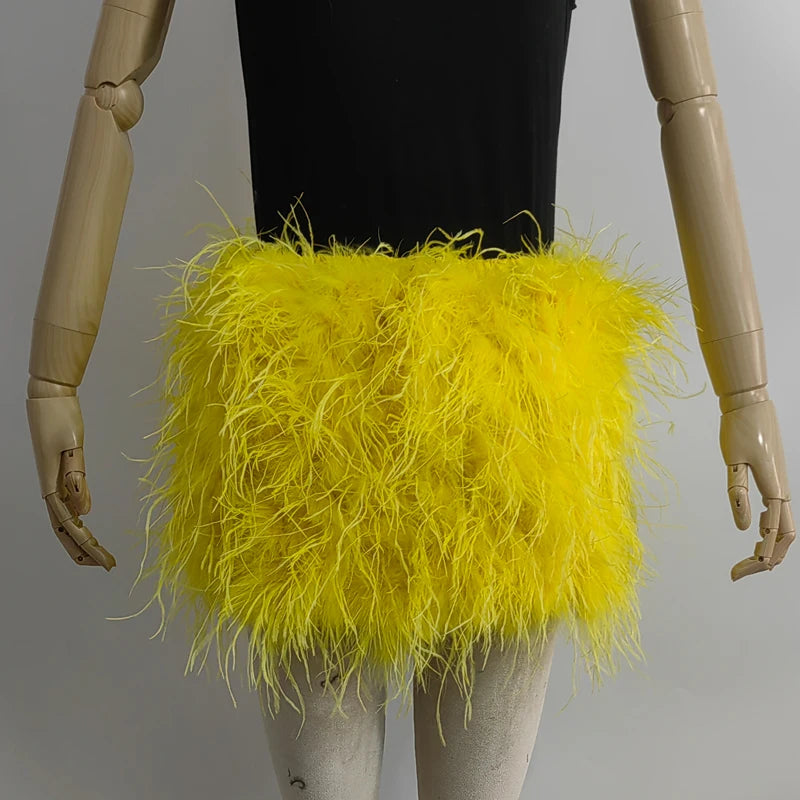 Fustă Mini cu Pene de Struț Adevărate — Multicolor, Talie Elastică