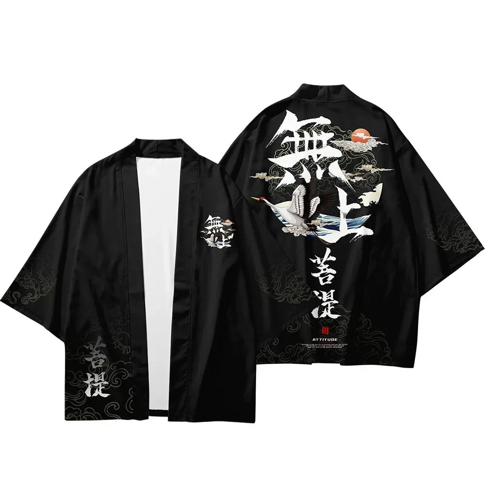 Kimono Haori Unisex — Imprimeu Cocor & Caractere Chineze, Cardigan Yukata, Vară
