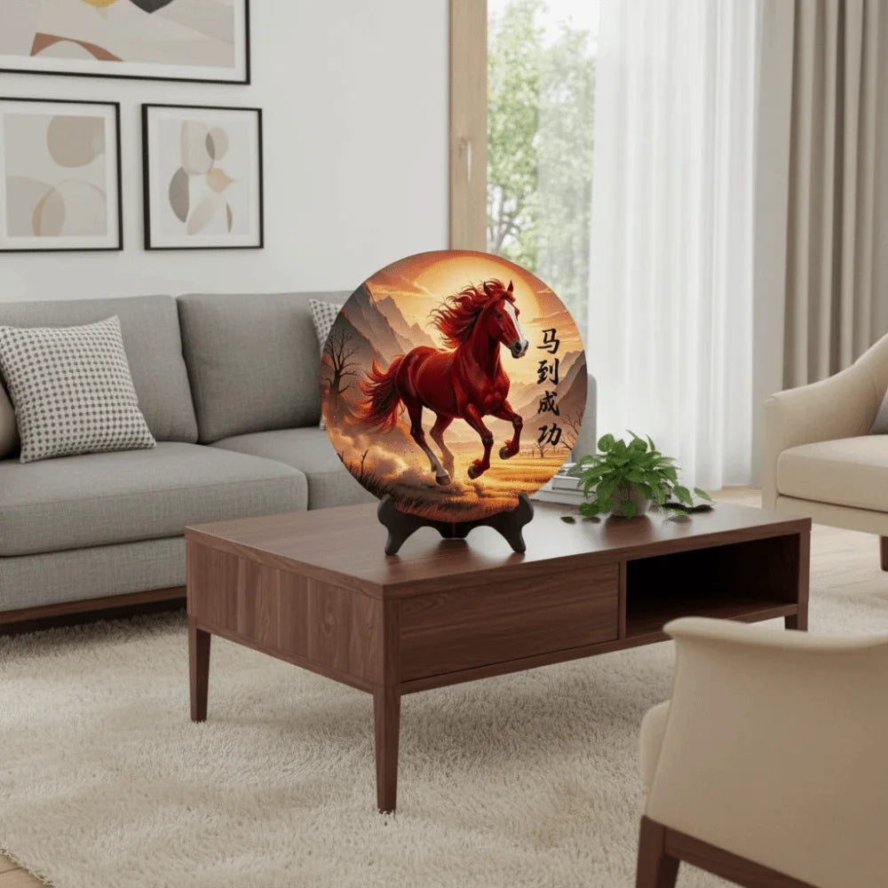 Tablou Decorativ Rotund din Lemn — Calul Norocos, Decor Feng Shui pentru Casă și Birou