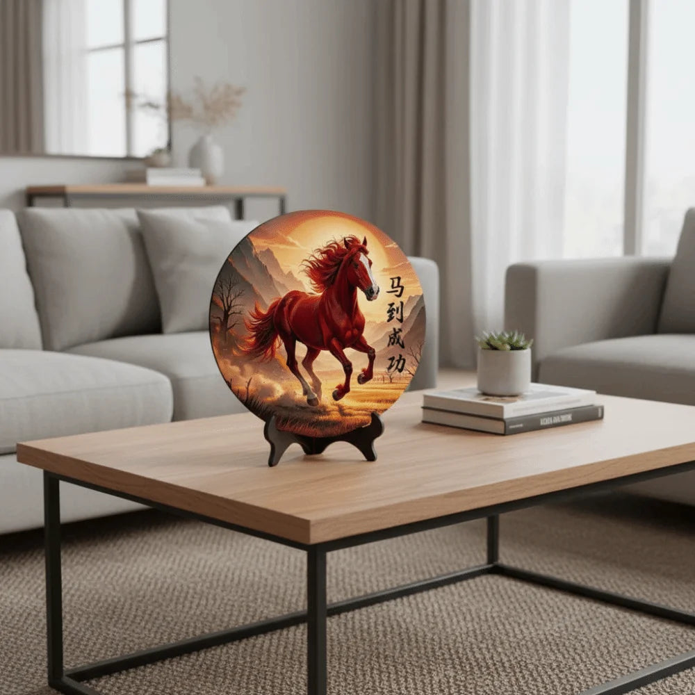 Tablou Decorativ Rotund din Lemn — Calul Norocos, Decor Feng Shui pentru Casă și Birou