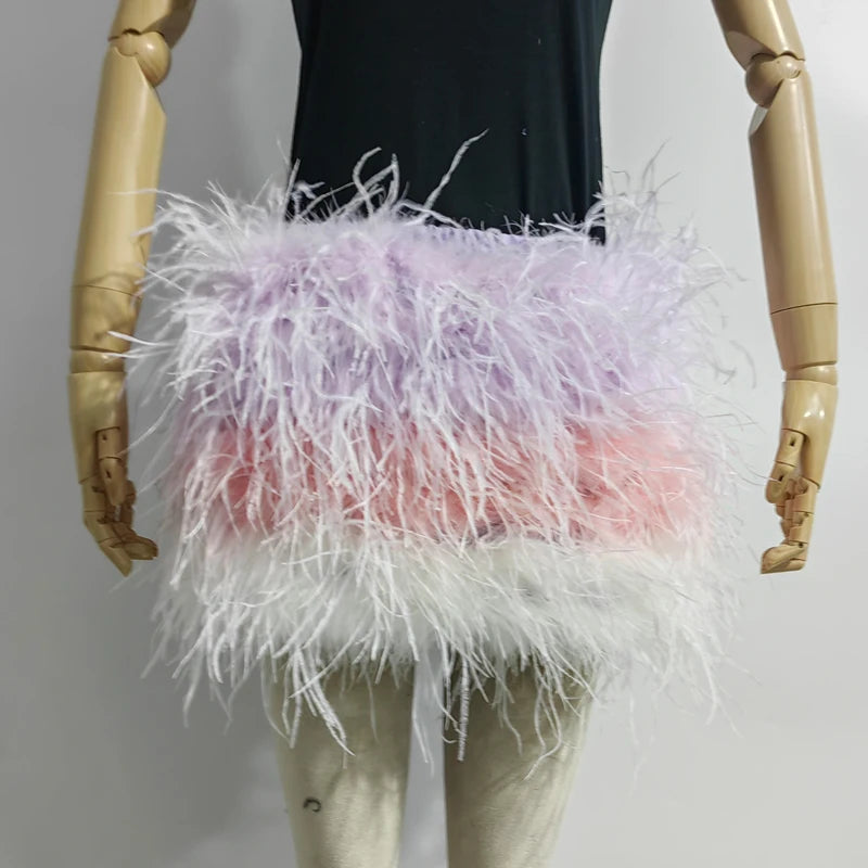 Fustă Mini cu Pene de Struț Adevărate — Multicolor, Talie Elastică