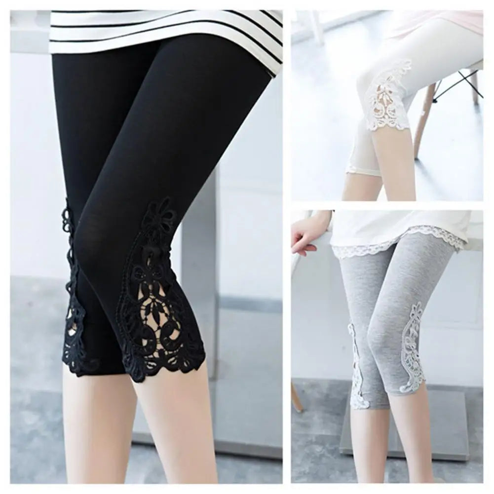 Colanți Cropped Damă cu Dantelă Brodată — Elasticți, Slim Fit, Vară