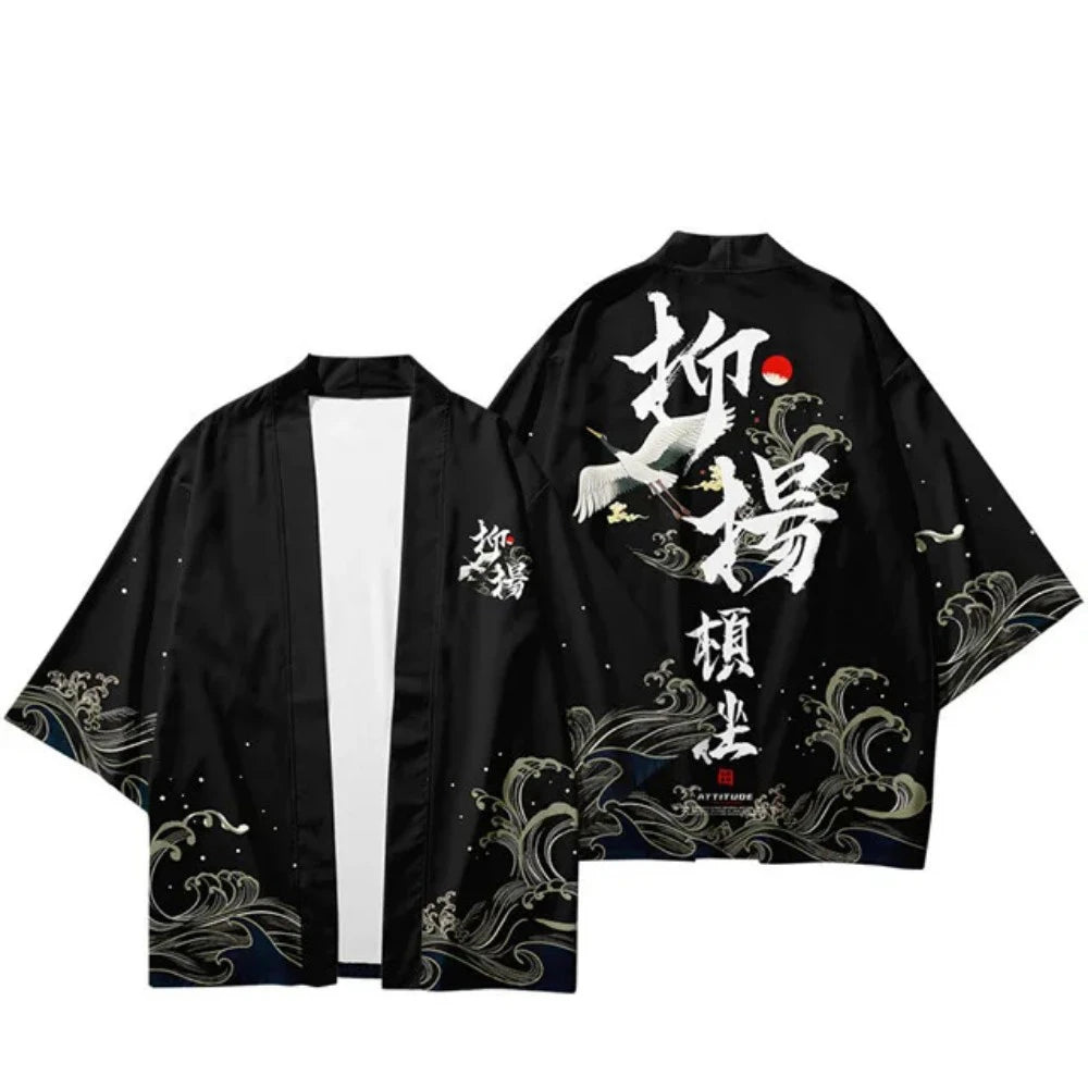 Kimono Haori Unisex — Imprimeu Cocor & Caractere Chineze, Cardigan Yukata, Vară