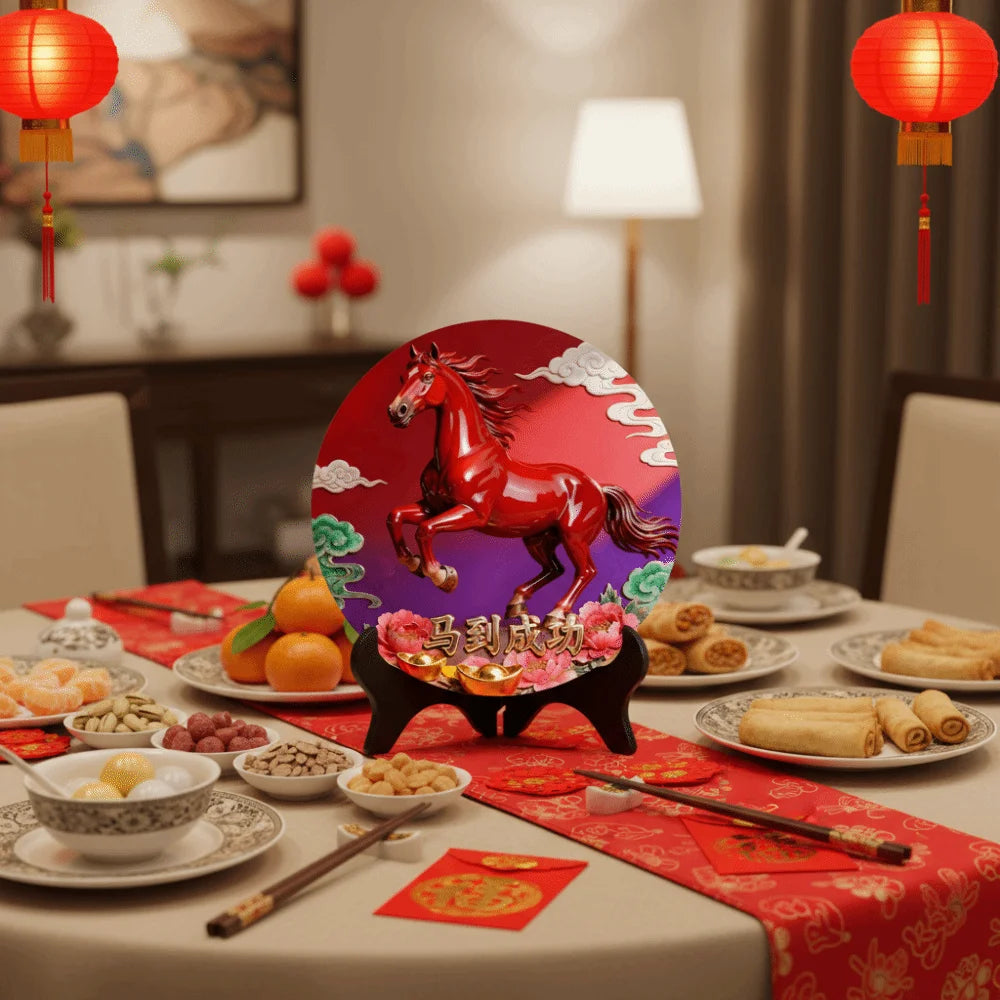 Tablou Decorativ Rotund din Lemn — Calul Norocos, Decor Feng Shui pentru Casă și Birou