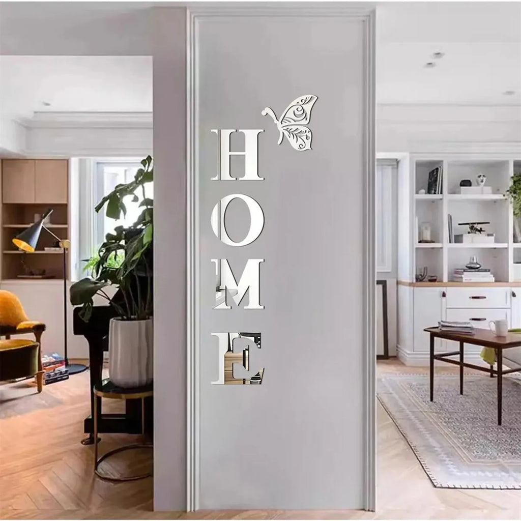Autocolant 3D Oglindă — Litera HOME pentru Decor Intrare, Living & Hol