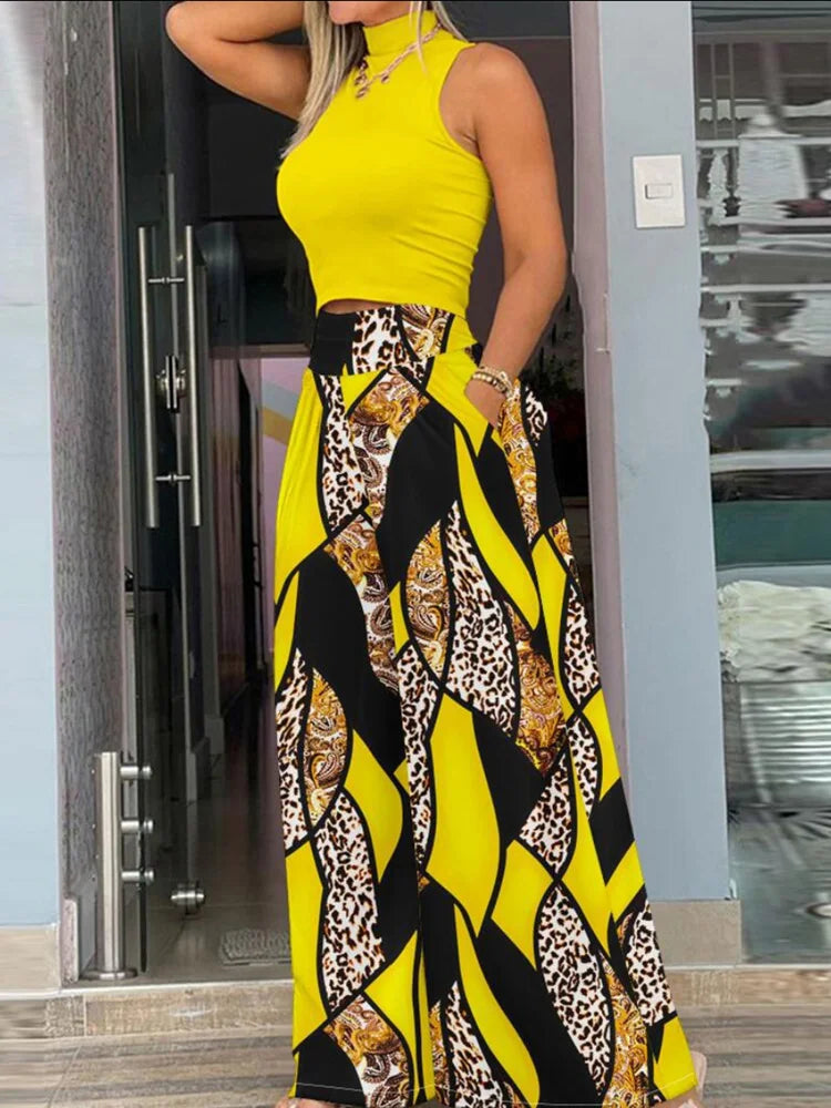 Set 2 Piese Femei — Top Sleeveless & Pantaloni Wide Leg, Imprimeu Vară 2025