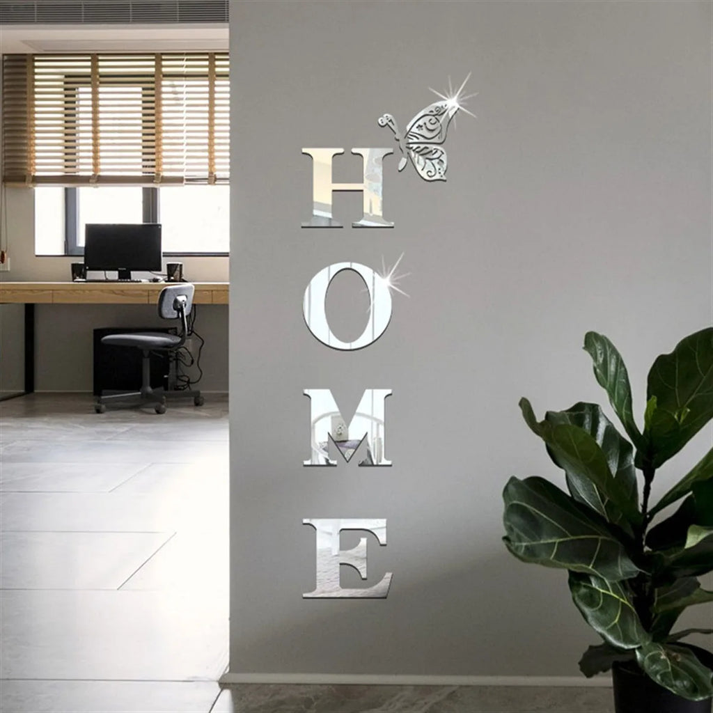 Autocolant 3D Oglindă — Litera HOME pentru Decor Intrare, Living & Hol