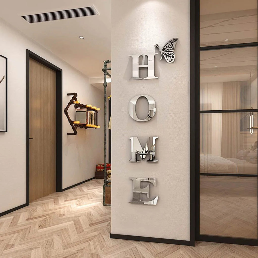 Autocolant 3D Oglindă — Litera HOME pentru Decor Intrare, Living & Hol