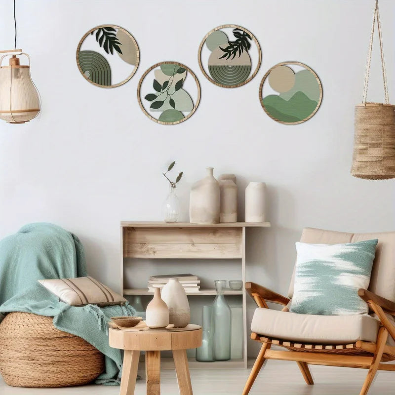 Set 4 Piese Decorative Perete Boho — Artă Geometrică din Lemn pentru Dormitor & Living