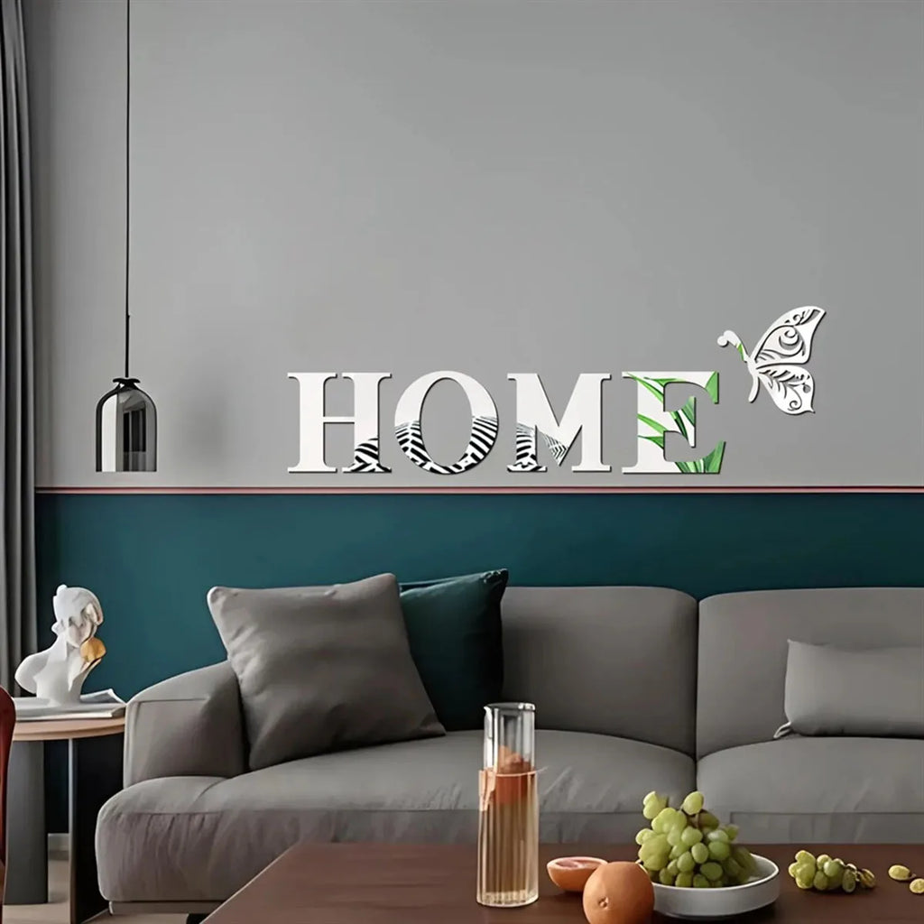 Autocolant 3D Oglindă — Litera HOME pentru Decor Intrare, Living & Hol