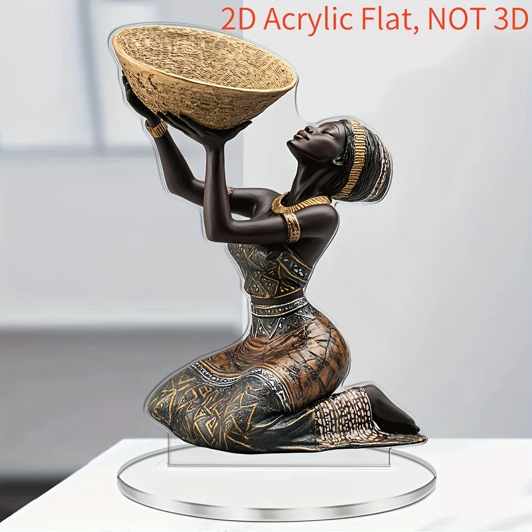 Figurină Decorativă 2D Femeie Africană — Sculptură Acrilică Vintage pentru Birou & Living