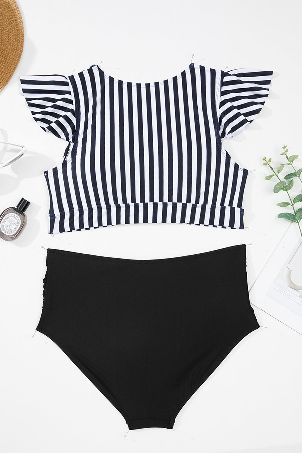 Costum de Baie Plus Size Negru cu Dungi — Set 2 Piese, Talie Înaltă