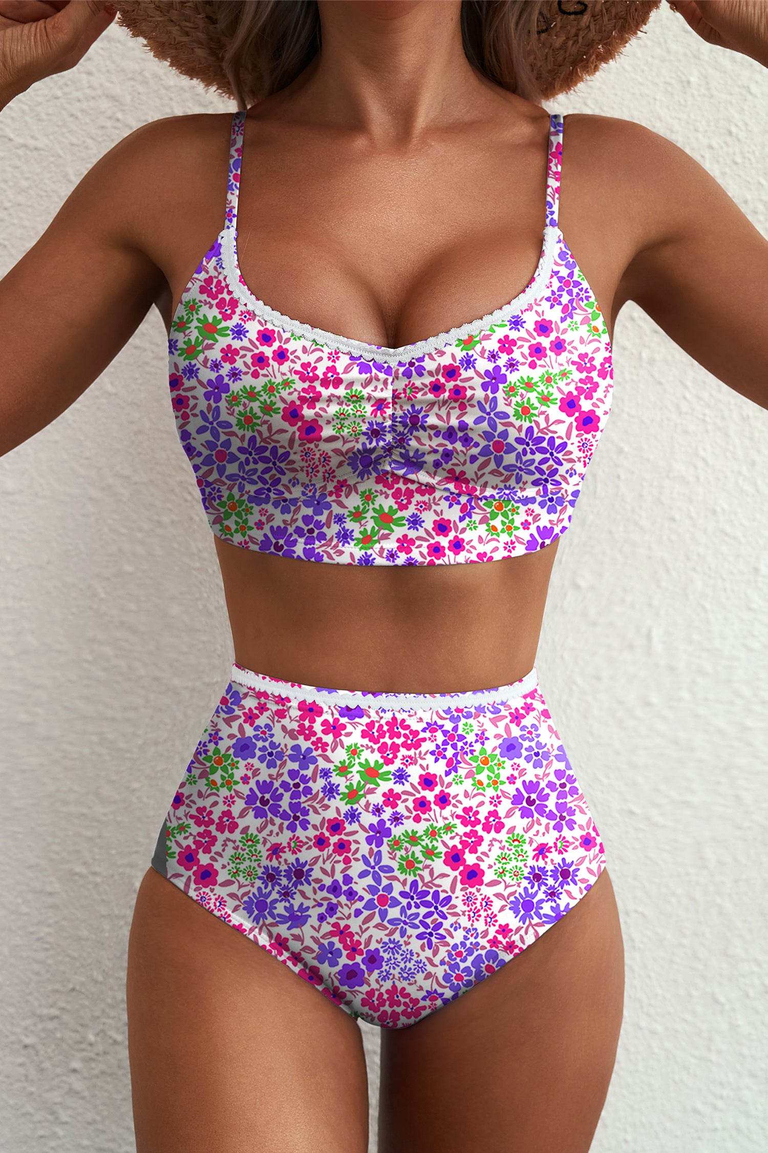 Bikini Mov Floral cu Dantela si Talie Inalta - Set 2 Piese