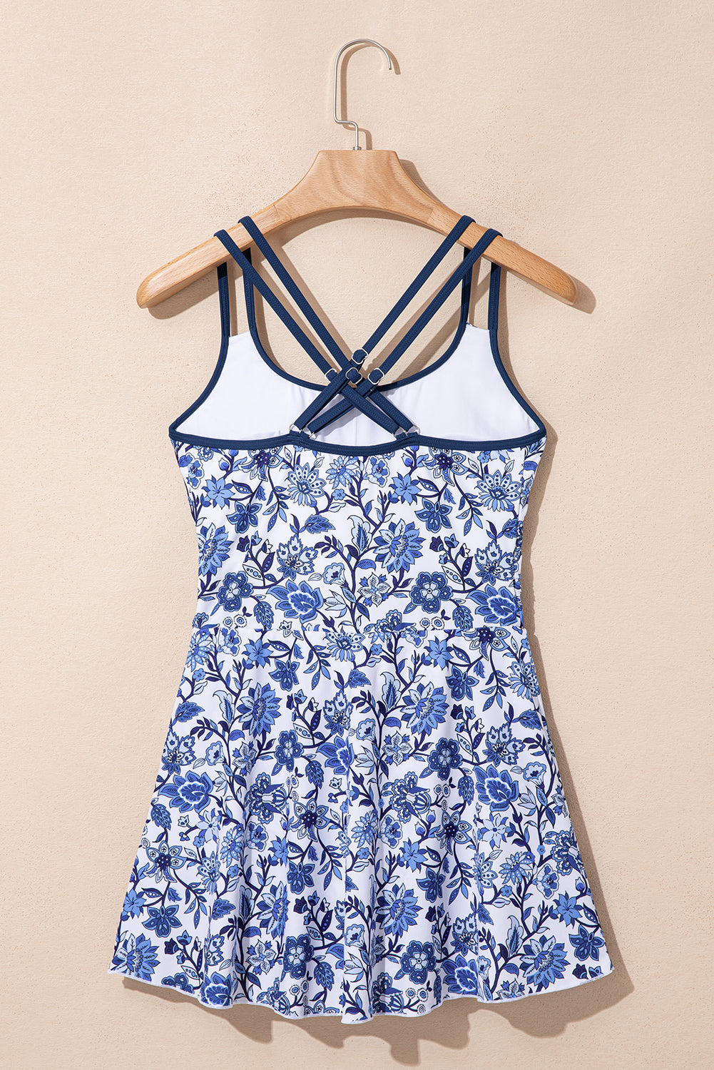 Costum de Baie Intreg Albastru Deschis cu Print Floral - Spate Incrucisate